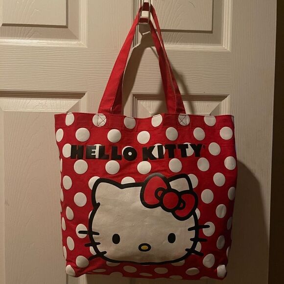 Hello Kitty Sanrio red fabric tote with white polka dots and black prints - Picture 9 of 13